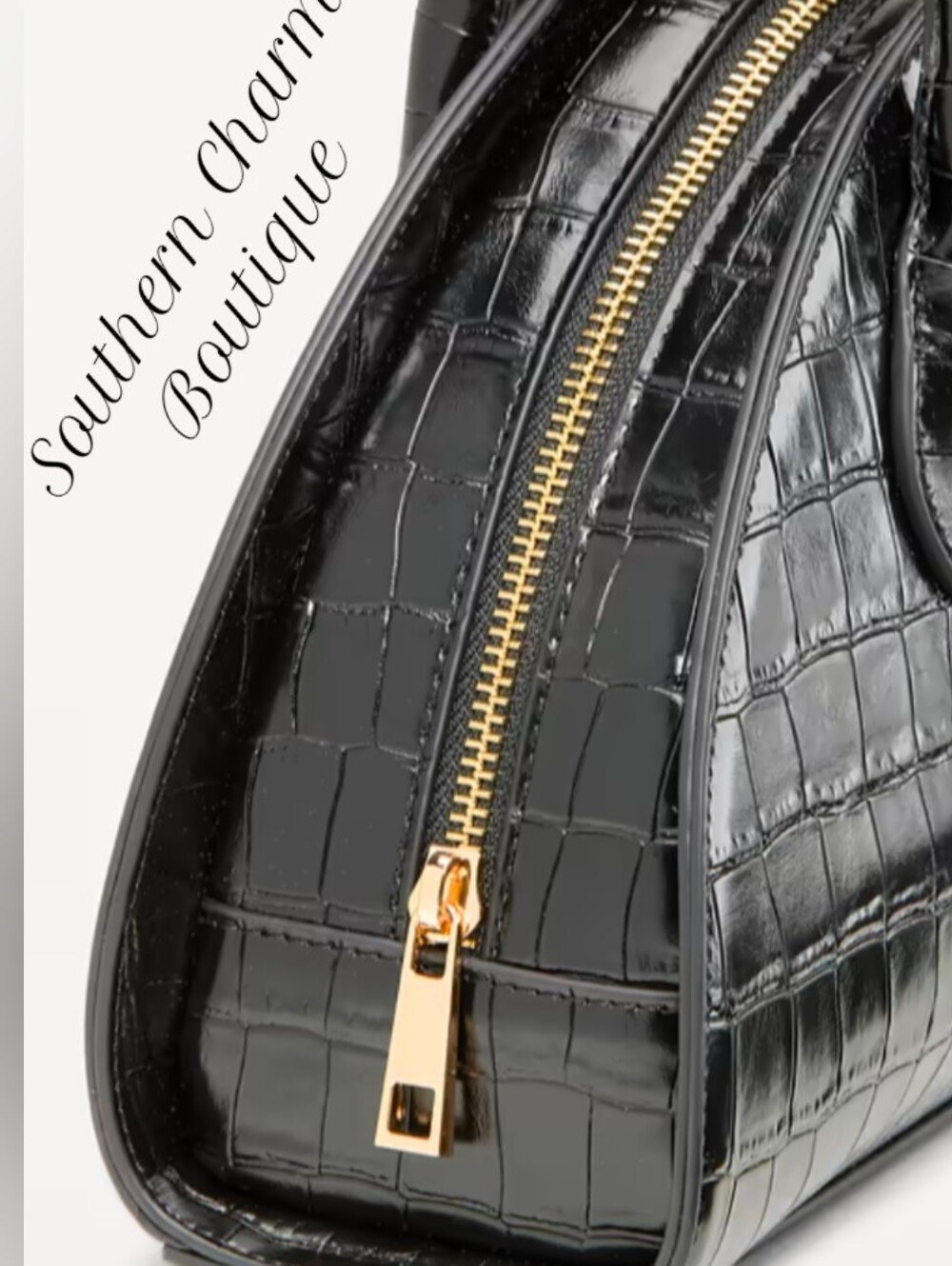 Black Croc-Embossed Dome Satchel with Gold Hardware